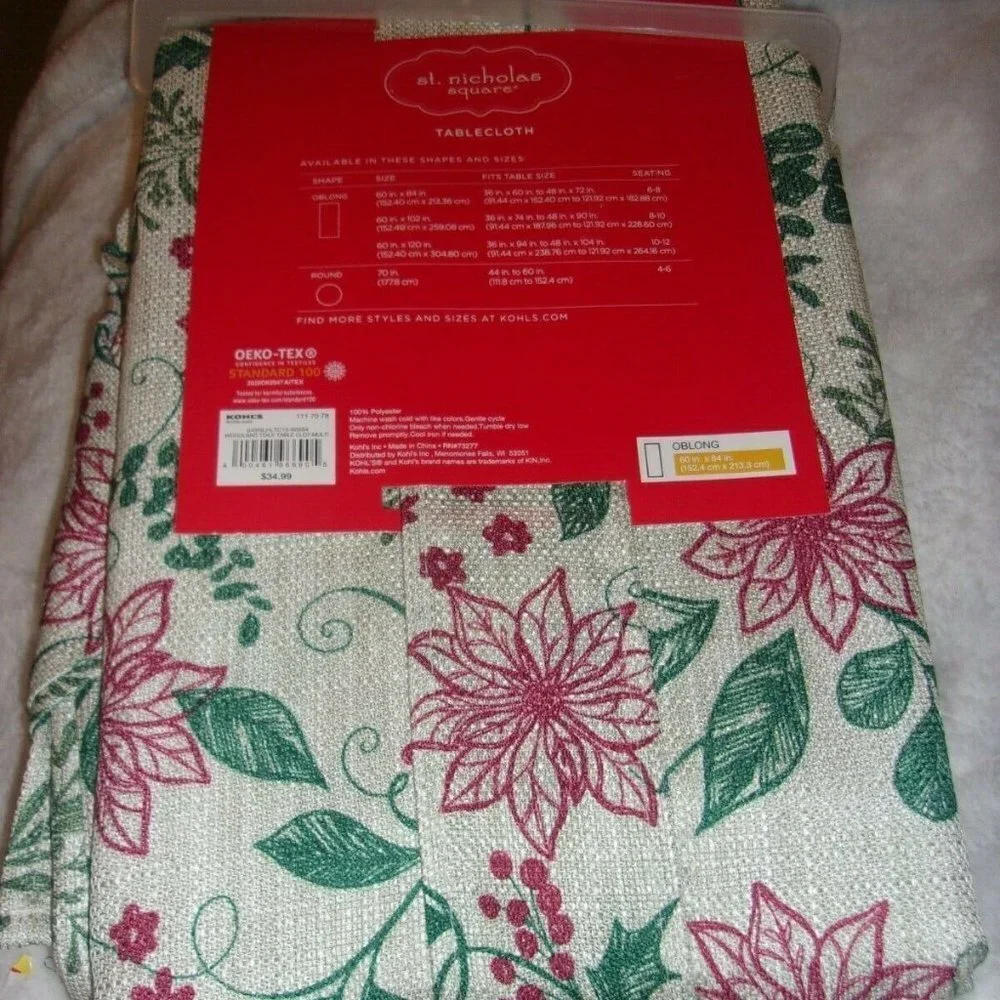 St. Nicholas Square Happy Hollydays Fabric Oblong Tablecloth 60x84 NWT Christmas